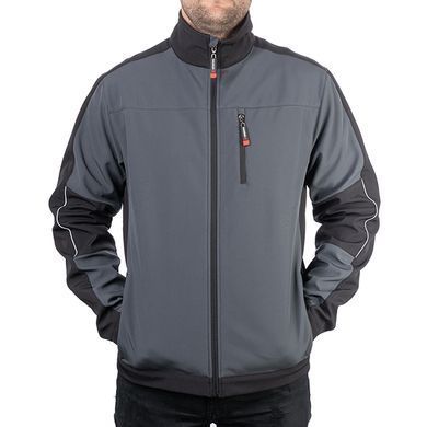 Куртка SOFTSHELL темно сіра-чорна, тришарова, тканина - стрейч 300 GSM 100D з водо- і вітрозахистом, розмір М INTERTOOL SP-3132