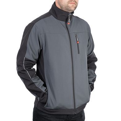 Куртка SOFTSHELL темно сіра-чорна, тришарова, тканина - стрейч 300 GSM 100D з водо- і вітрозахистом, розмір М INTERTOOL SP-3132