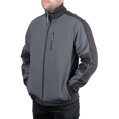 Куртка SOFTSHELL темно сіра-чорна, тришарова, тканина - стрейч 300 GSM 100D з водо- і вітрозахистом, розмір М INTERTOOL SP-3132