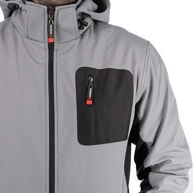 Куртка SOFTSHELL світло сіро-чорна, з капюшоном, тришарова, тканина - стрейч 300 GSM 100D, з водо- і вітрозахистом, розмір L INTERTOOL SP-3123