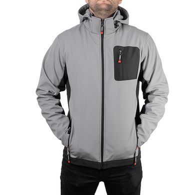 Куртка SOFTSHELL світло сіро-чорна, з капюшоном, тришарова, тканина - стрейч 300 GSM 100D, з водо- і вітрозахистом, розмір XL