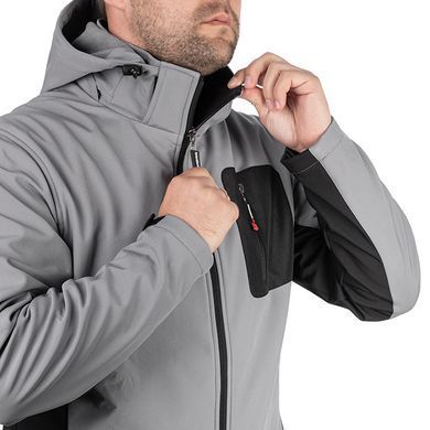 Куртка SOFTSHELL світло сіро-чорна, з капюшоном, тришарова, тканина - стрейч 300 GSM 100D, з водо- і вітрозахистом, розмір XL